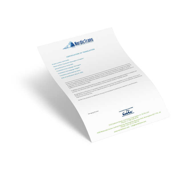 NordicTrans certification of translation